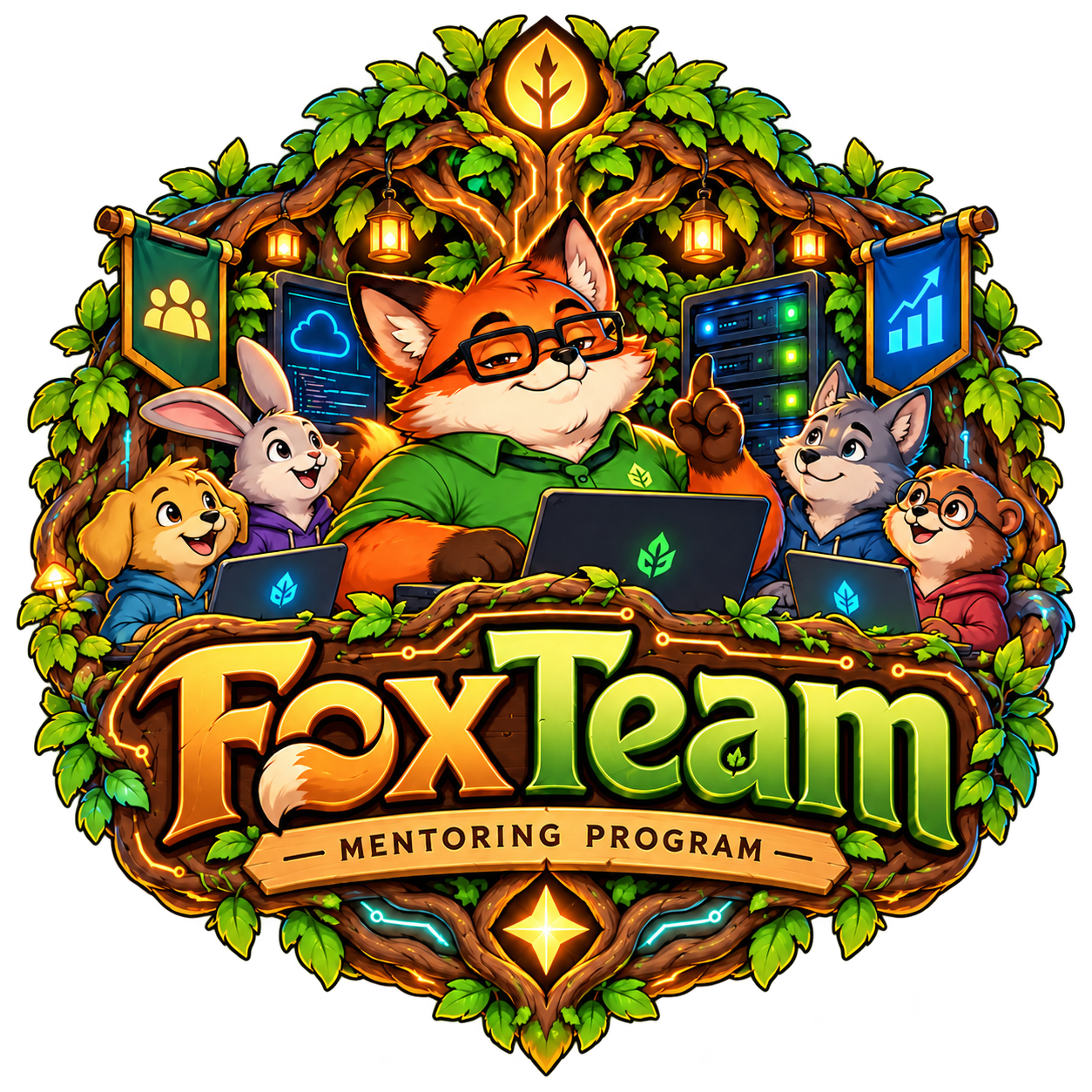 Sr. Raposo e seus aprendizes entre árvores, computadores e lanternas, no emblema FoxTeam