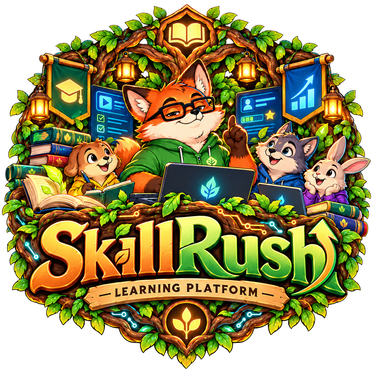 SkillRush, a plataforma de aprendizado da floresta, com o Sr. Raposo e seus alunos